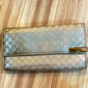 vintage Gucci monogram metallic pale gold leather long wallet good vtg condition
